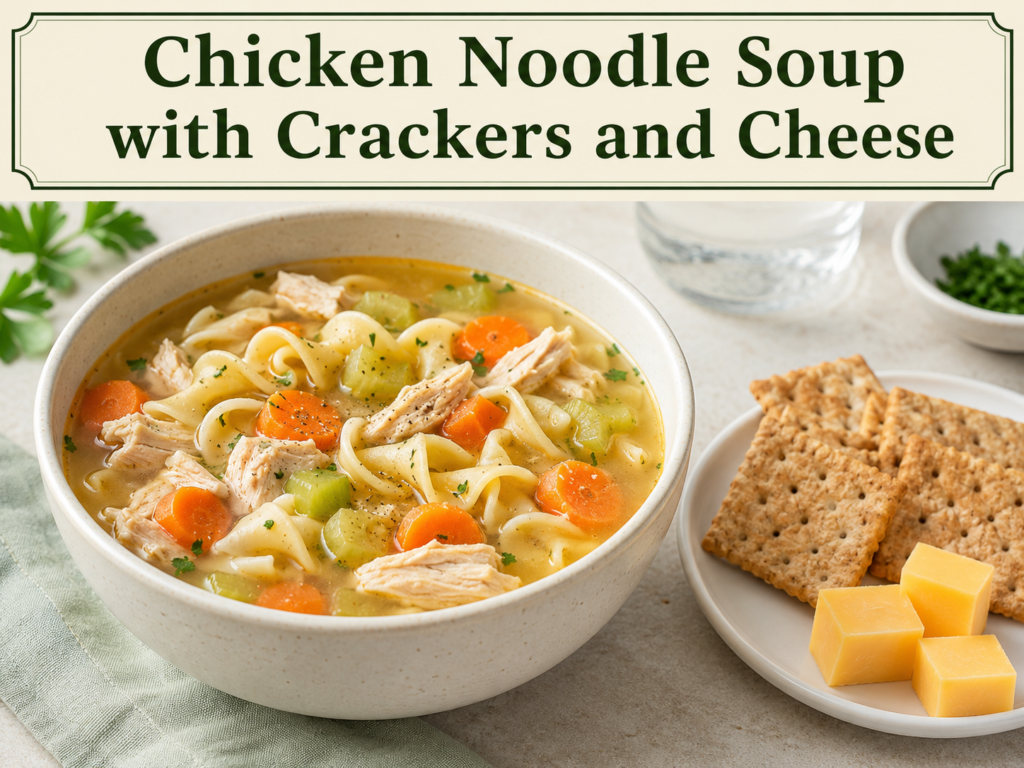 Chicken Noodle Soup with Crackers and Cheese