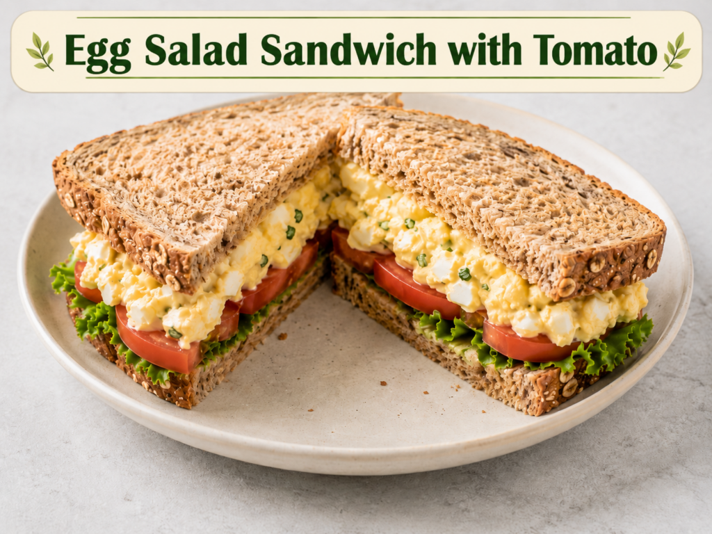 Egg salad on whole grain bread with sliced tomato