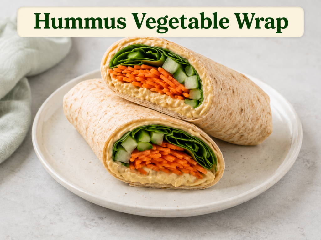 Hummus wrap with shredded carrots, cucumber, and spinach