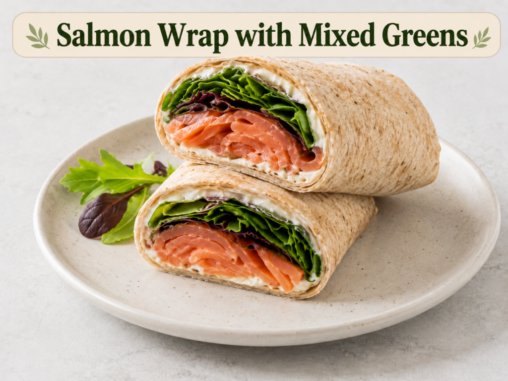 Salmon wrap with mixed greens and a thin spread of cream cheese