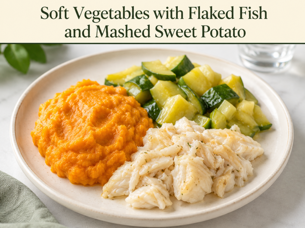 Soft Vegetables with Flaked Fish and Mashed Sweet Potato