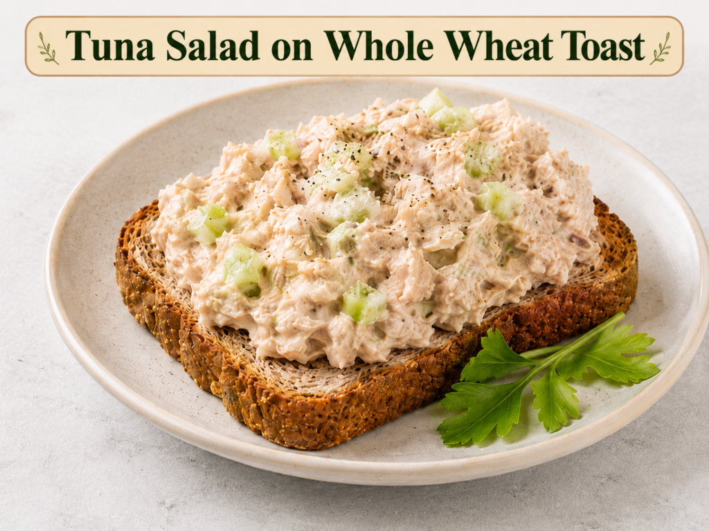 Tuna salad (canned tuna, light mayo, diced celery) on whole wheat toast
