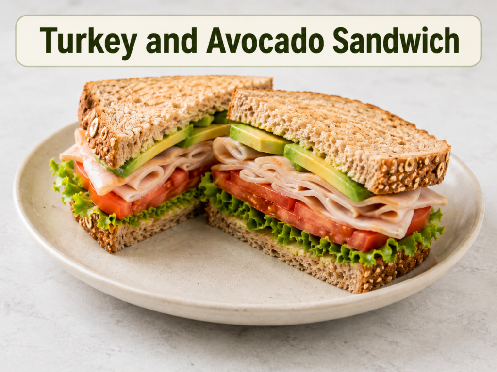 Turkey and avocado on whole grain bread with lettuce and tomato